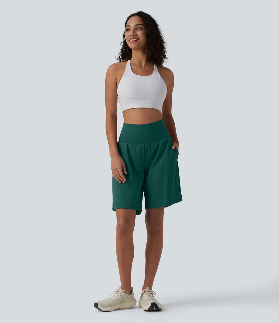 SoftlyZero™ Airy Super High Waisted 2-in-1 Cool Touch Yoga Shorts 9" with Pockets - Forest Biome