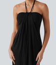 Halter Tie Back Mini Resort Dress with Pockets - Black