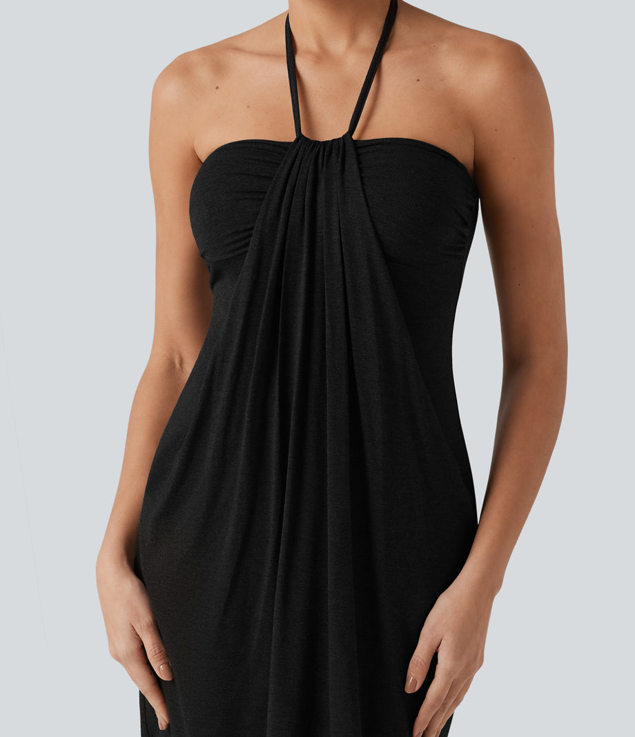 Halter Tie Back Mini Resort Dress with Pockets - Black