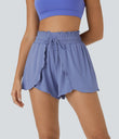 Frill High Waisted Elastic Waistband Drawstring Flowy Stacked Casual Shorts 3" - Bleached Denim