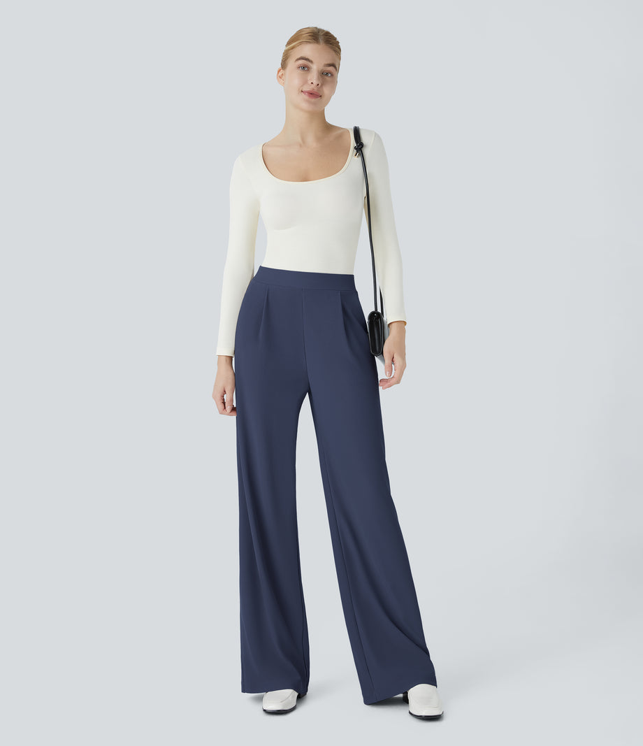 Halara Flex™ High Waisted Body Sculpt Waist-Slimming Pocket Wide Leg Micro Waffle Work Pants - Mood Indigo