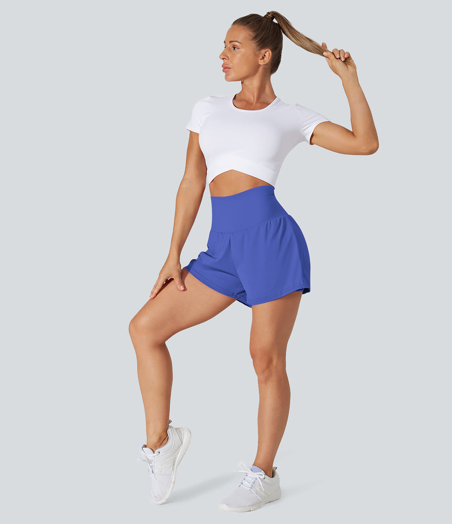 SoftlyZero™ Airy Super High Waisted 2-in-1 Cool Touch Yoga Shorts with Pockets - Aster Blue