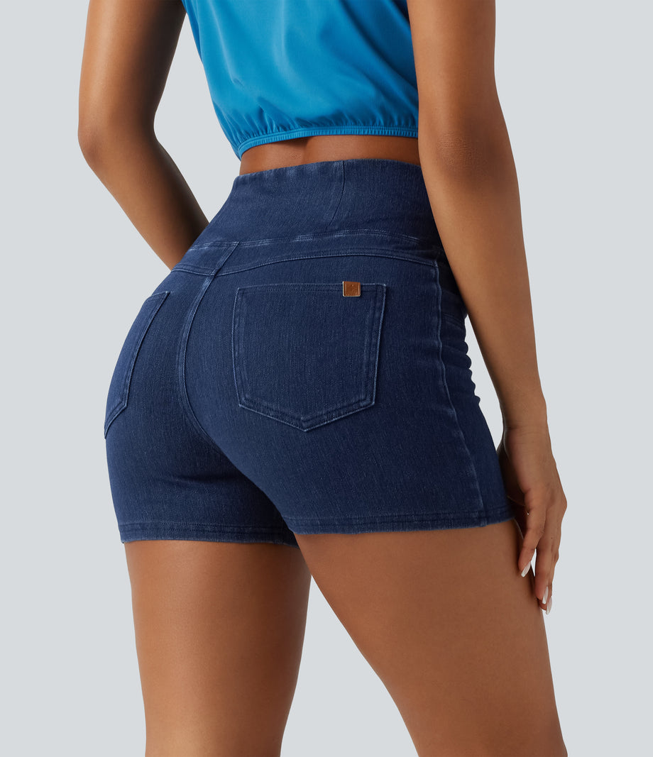 Halara Flex™ High Waisted Crossover Pocket Denim Casual Shorts 3" - Midnight Blue Denim