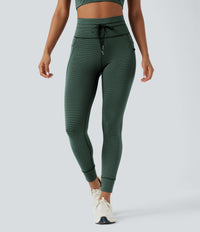 High Waisted Drawstring Striped Yoga Leggings with Pockets - Deep Pine Green