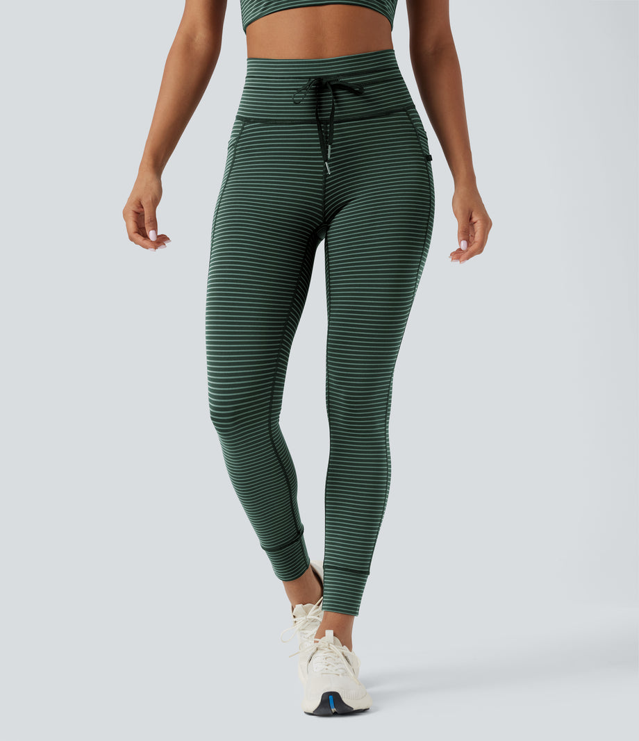 High Waisted Drawstring Striped Yoga Leggings with Pockets - Deep Pine Green