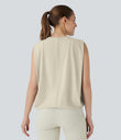 Round Neck Ruched Cool Touch Yoga Tank Top-UPF50+ - Almond Milk