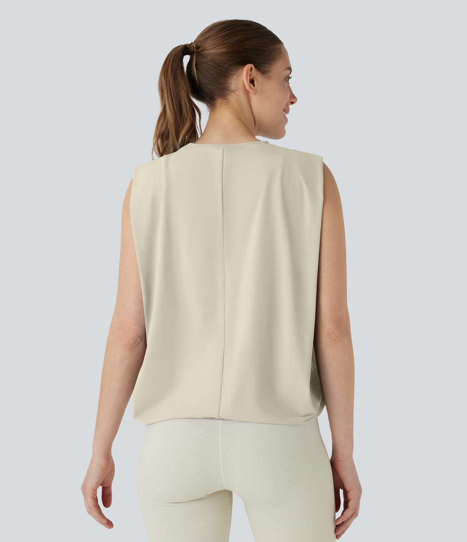 Round Neck Ruched Cool Touch Yoga Tank Top-UPF50+ - Almond Milk