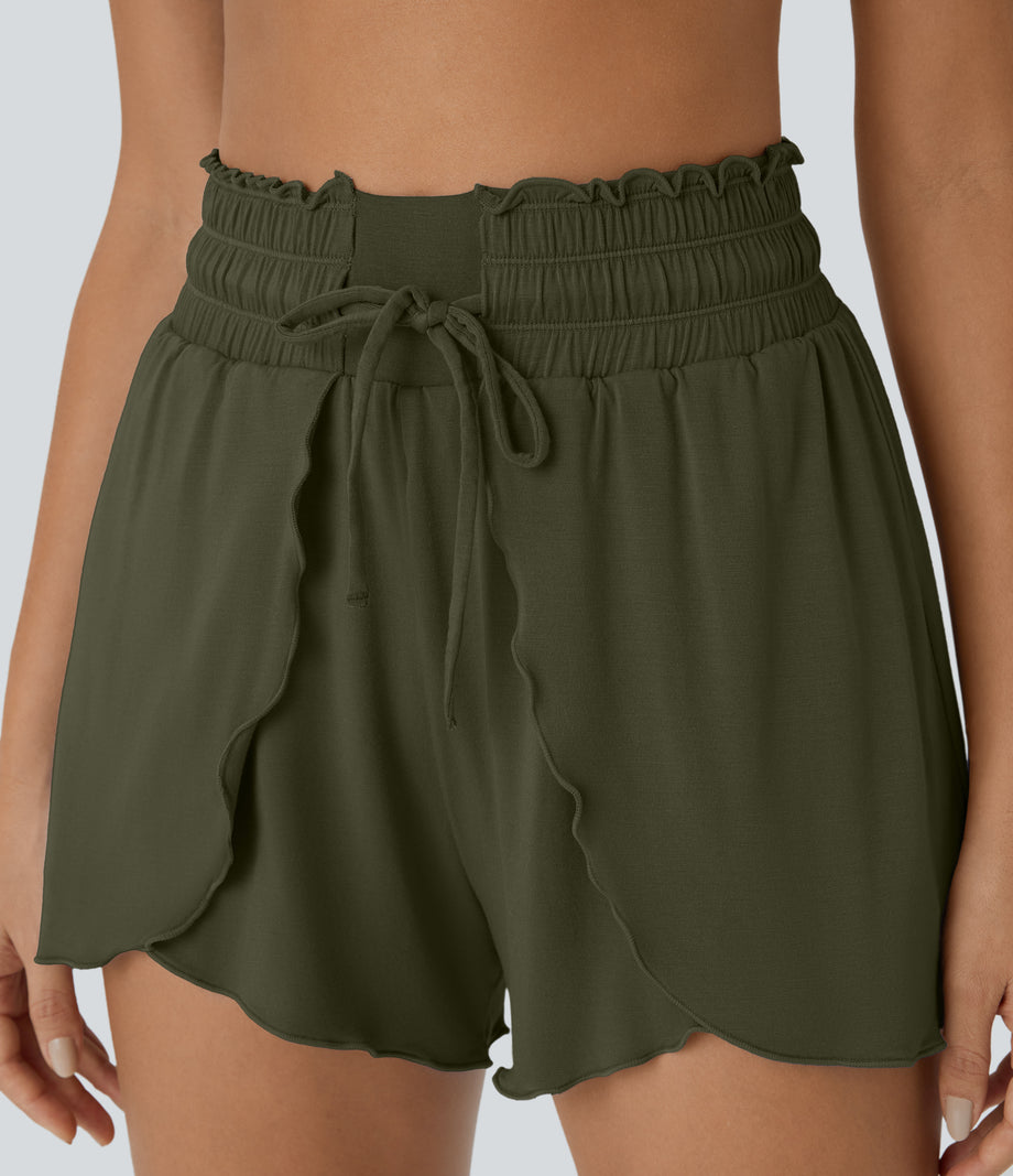 Frill High Waisted Elastic Waistband Drawstring Flowy Stacked Casual Shorts 3" - Lone Pine Green