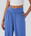 Crossover High Waisted Pocket Drawstring Casual Joggers - Sky Blue Floral Yarn