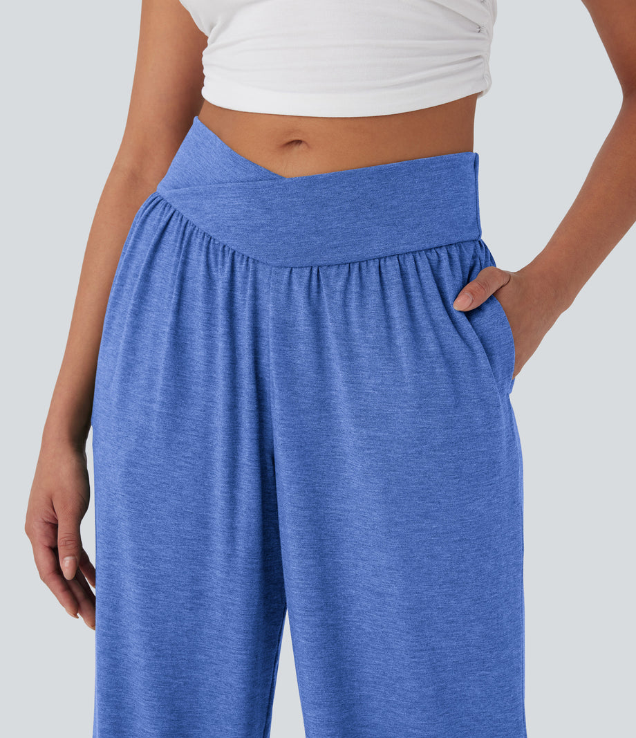Crossover High Waisted Pocket Drawstring Casual Joggers - Sky Blue Floral Yarn