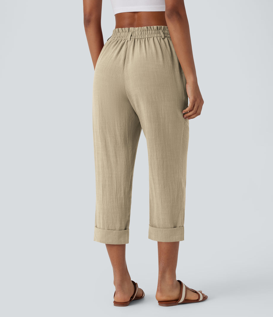 High Waisted Zipper Pocket Cropped Linen-Feel Pants - Fields of Rye