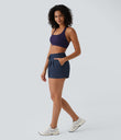 High Waisted Elastic Waistband Drawstring Pleated Yoga Shorts 3" with Pockets - Night Blue