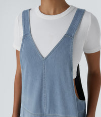 Halara Flex™ V Neck Pocket Washed Denim Casual Overalls - Powder Blue Denim