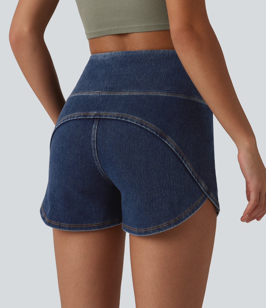 Halara Flex™ High Waisted Tummy Control Curved Hem Skinny Denim Casual Shorts with Pockets - Estate Blue Denim