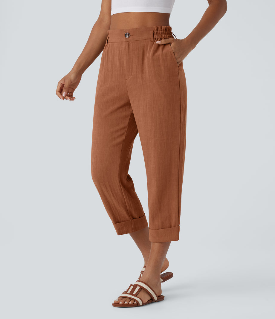 High Waisted Zipper Pocket Cropped Linen-Feel Pants - Sierra