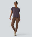 Round Neck Short Sleeve Ruched Cool Touch Yoga Sports Top-UPF50+ - Vintage Violet
