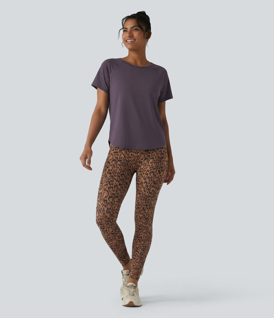 Round Neck Short Sleeve Ruched Cool Touch Yoga Sports Top-UPF50+ - Vintage Violet