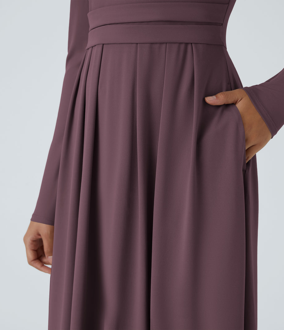 Mock-neck Long Sleeve Pocket Flare Maxi Casual Dress - Plum Wine