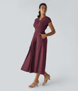 Breezeful™ V Neck Short Sleeve Pocket Tie Back Quick Dry Midi Casual Dress-Longer Length - Amaranth