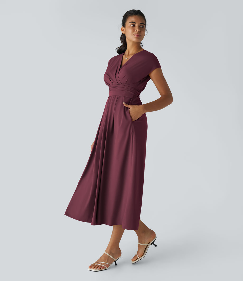 Breezeful™ V Neck Short Sleeve Pocket Tie Back Quick Dry Midi Casual Dress-Longer Length - Amaranth