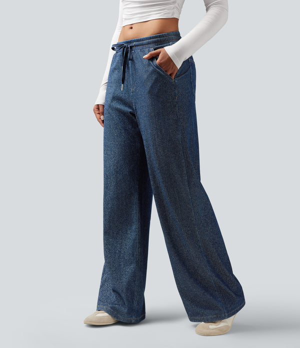 Halara Flex™ Low Rise Drawstring Wide Leg Sparkle Casual Sweatpants Jeans with Pockets - Pageant Blue Denim