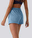 High Waisted Elastic Waistband Drawstring Pleated Yoga Shorts 3" with Pockets - Blue Shadow