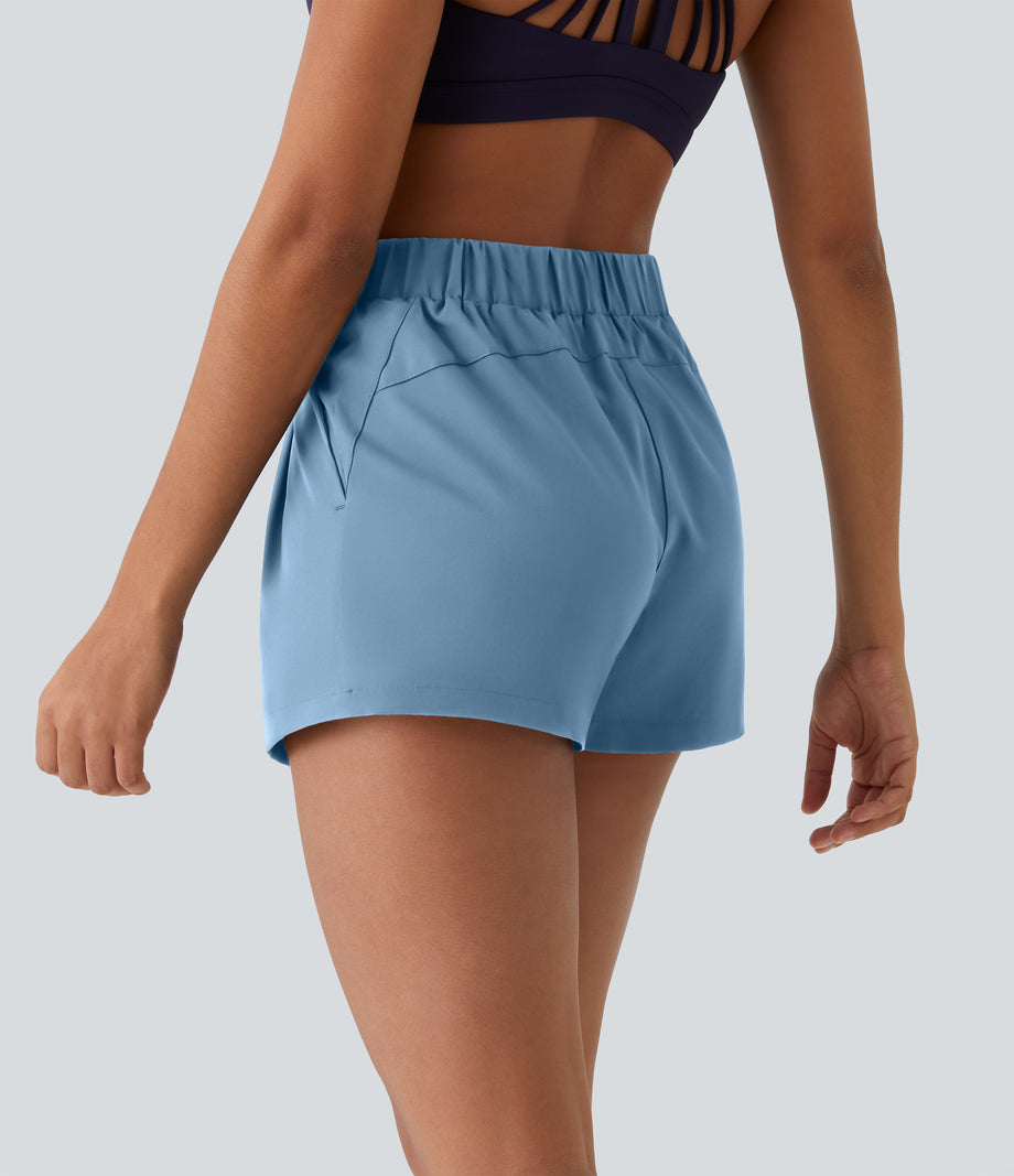 High Waisted Elastic Waistband Drawstring Pleated Yoga Shorts 3" with Pockets - Blue Shadow