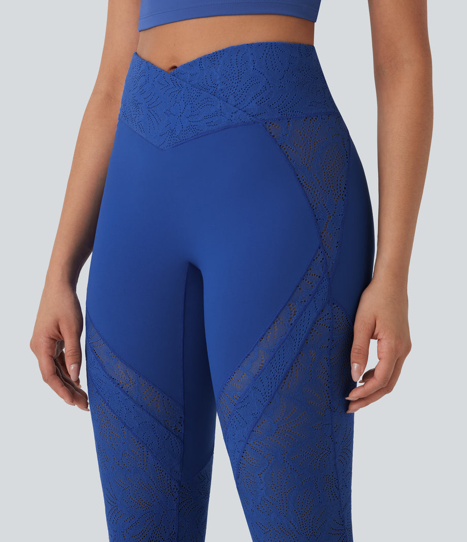 SoftlyZero™ High Waisted Crossover Pocket Contrast Lace Flare Yoga Leggings - Beaucoup Blue