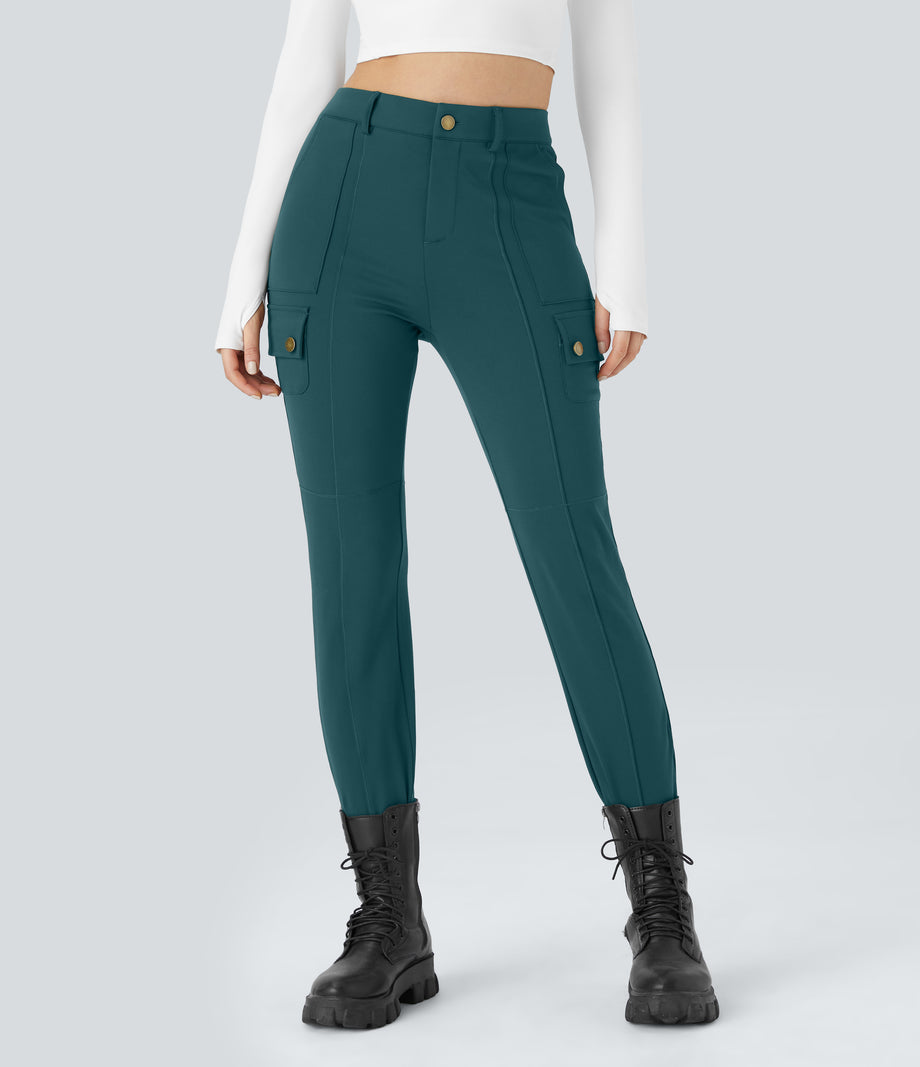 DayStretch High Waisted Zipper Pockets Solid Skinny Cargo Pants - Atlantic Deep