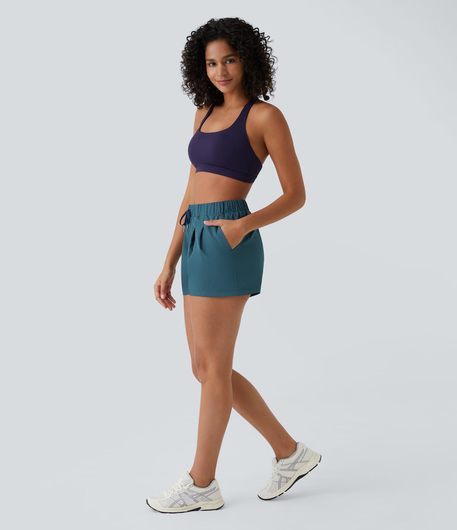 High Waisted Elastic Waistband Drawstring Pleated Yoga Shorts 3" with Pockets - Blue Coral