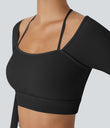 Ribbed Halter Strap Thumb Hole Cropped Yoga Sports Top - Black