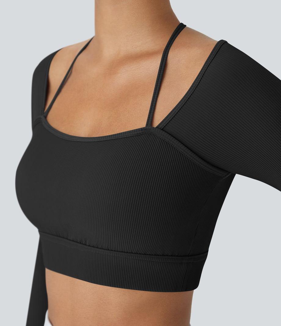 Ribbed Halter Strap Thumb Hole Cropped Yoga Sports Top - Black