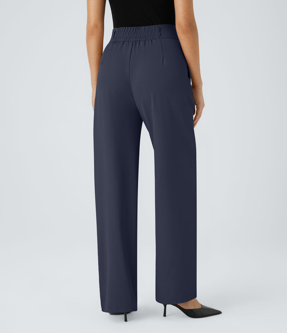 Halara Flex™ High Waisted Zipper Pocket Shirred Straight Leg Work Pants - Black Iris