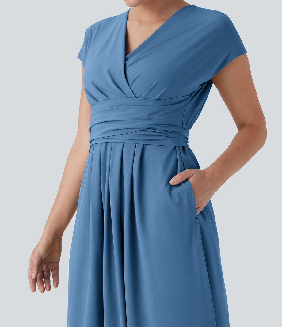Breezeful™ V Neck Short Sleeve Pocket Tie Back Quick Dry Midi Casual Dress - Pacific Coast