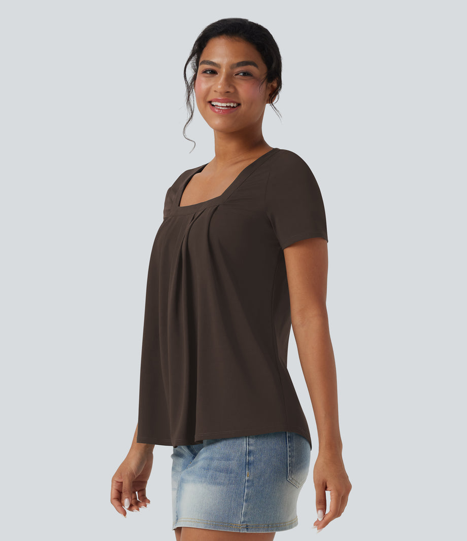 Square Neck Short Sleeve Casual Top - Delicioso