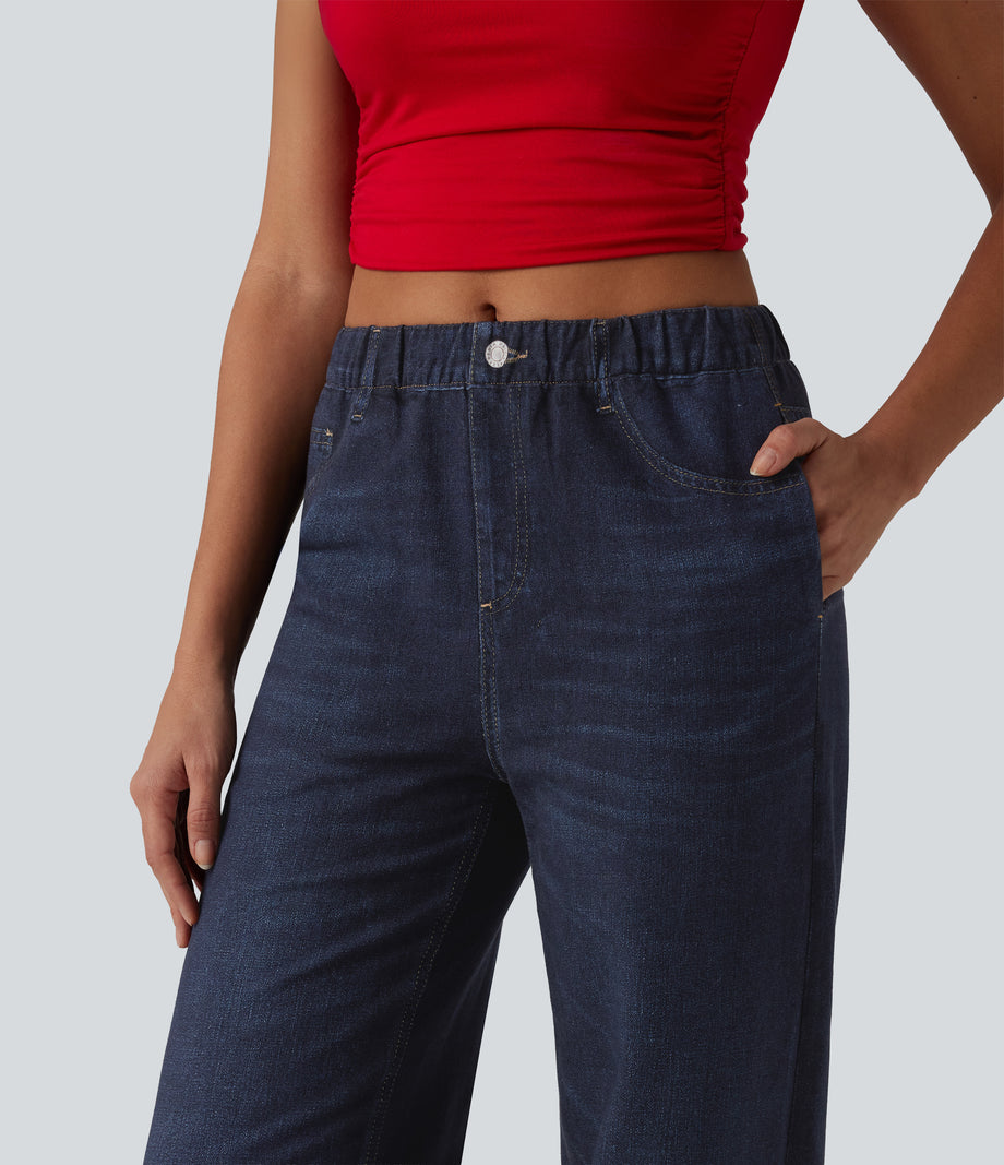 Mid Rise Denim Print French Terry Casual Sweatpants Jeans with Pockets - Pageant Indigo Denim