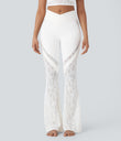 SoftlyZero™ High Waisted Crossover Pocket Contrast Lace Flare Yoga Leggings - White