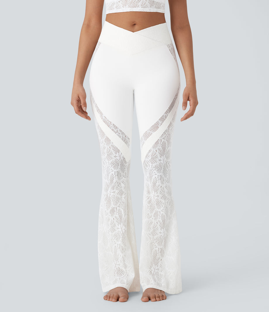 SoftlyZero™ High Waisted Crossover Pocket Contrast Lace Flare Yoga Leggings - White