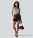 Halara Flex™ High Waisted Tummy Control Curved Hem Skinny Denim Casual Shorts with Pockets - Meteorite Black Denim