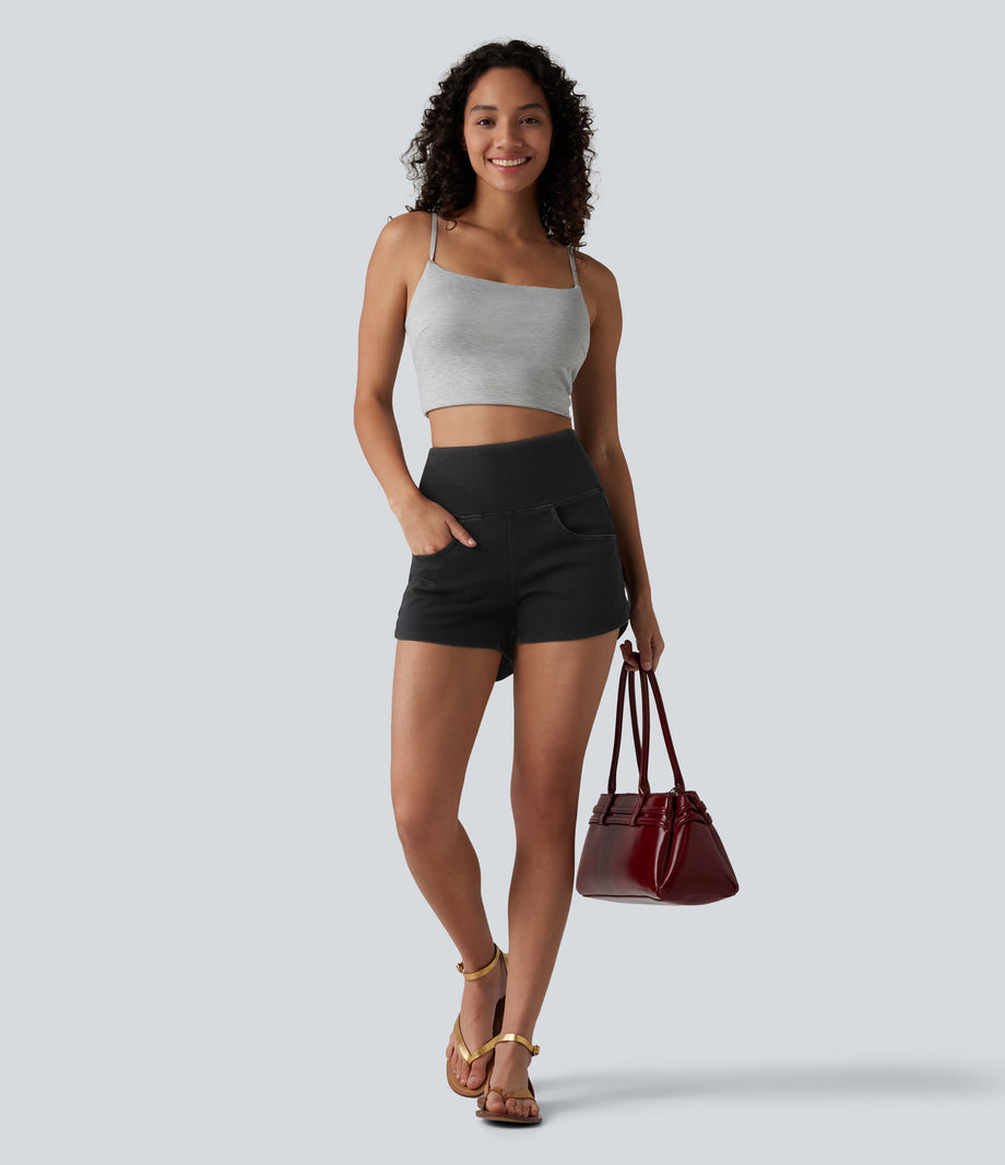 Halara Flex™ High Waisted Tummy Control Curved Hem Skinny Denim Casual Shorts with Pockets - Meteorite Black Denim