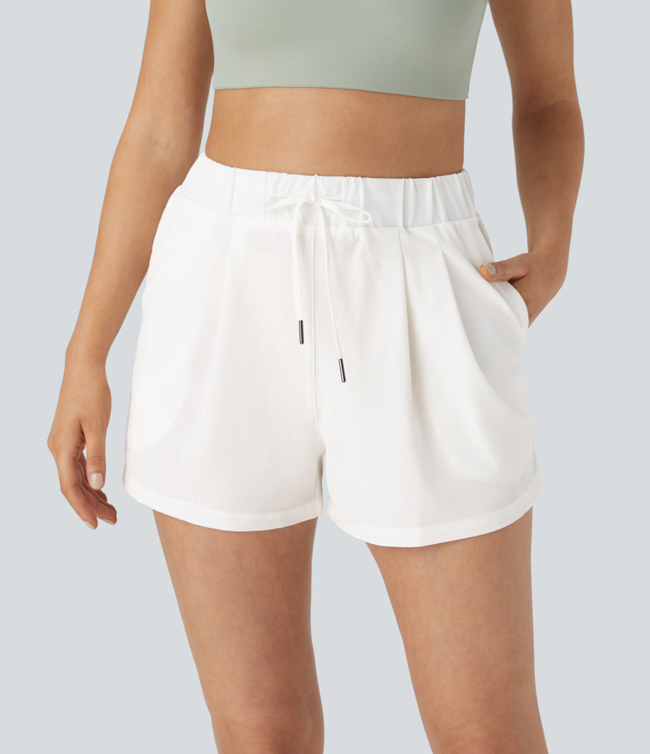 High Waisted Elastic Waistband Drawstring Pleated Yoga Shorts 3" with Pockets - White