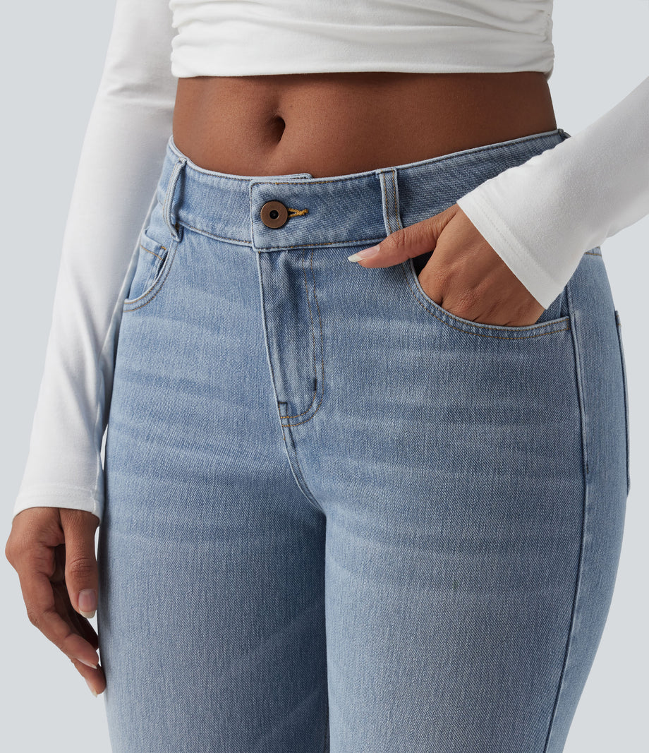 Halara Flex™ Low Rise Zipper Pockets Washed Casual Bootcut Jeans - Sea Blue Denim