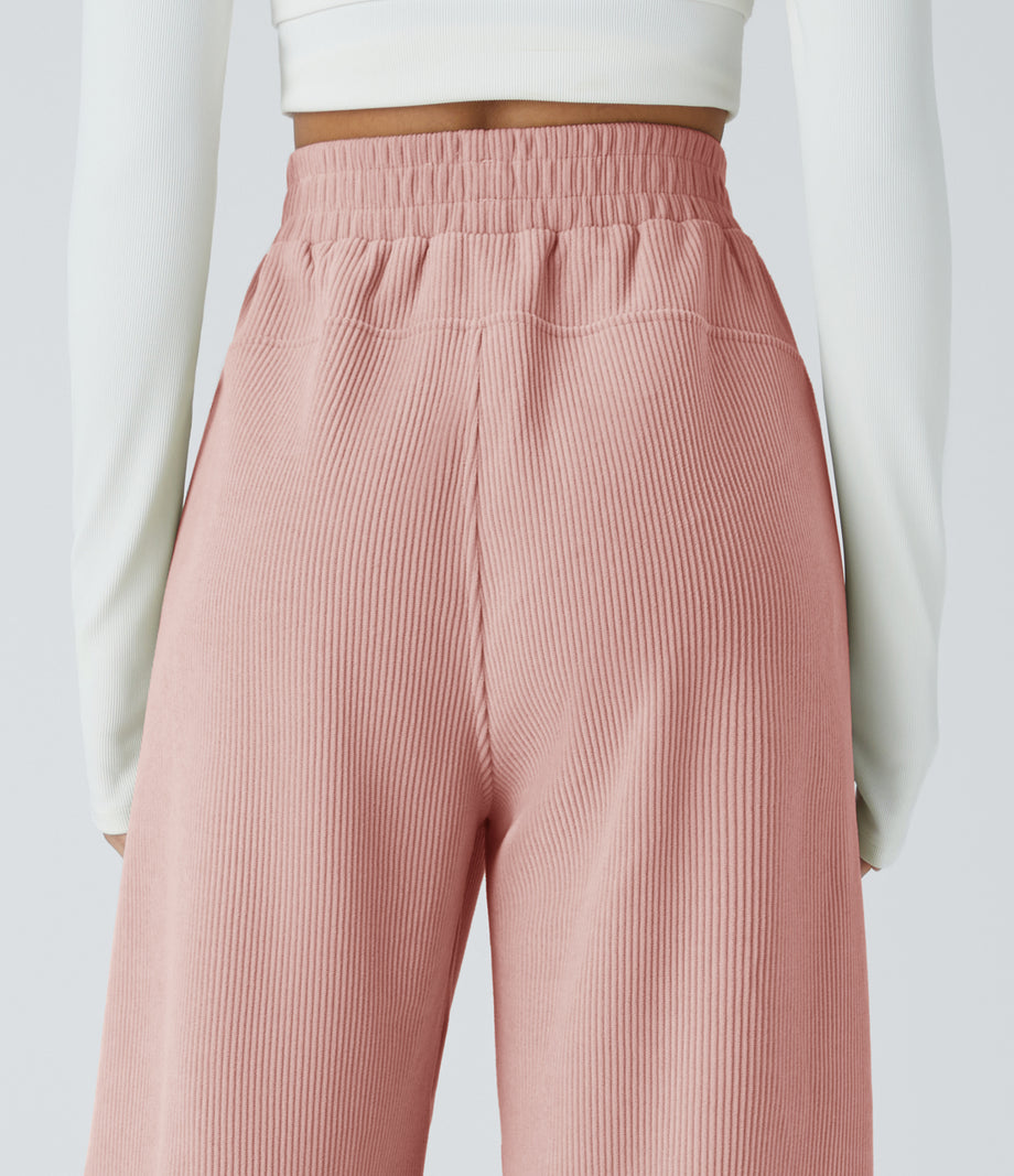 High Waisted Pocket Straight Leg Baggy Mop Corduroy Casual Pants - Rosette