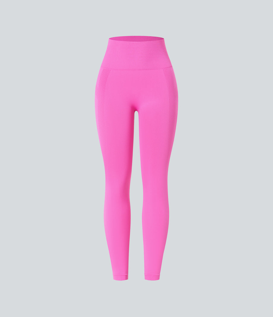 OneForm Seamless Flow High Waisted Ruched 7/8 Yoga Leggings - Fuchsia Fedora