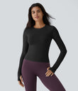 Solid Thumb Hole Yoga Sports Top - Black