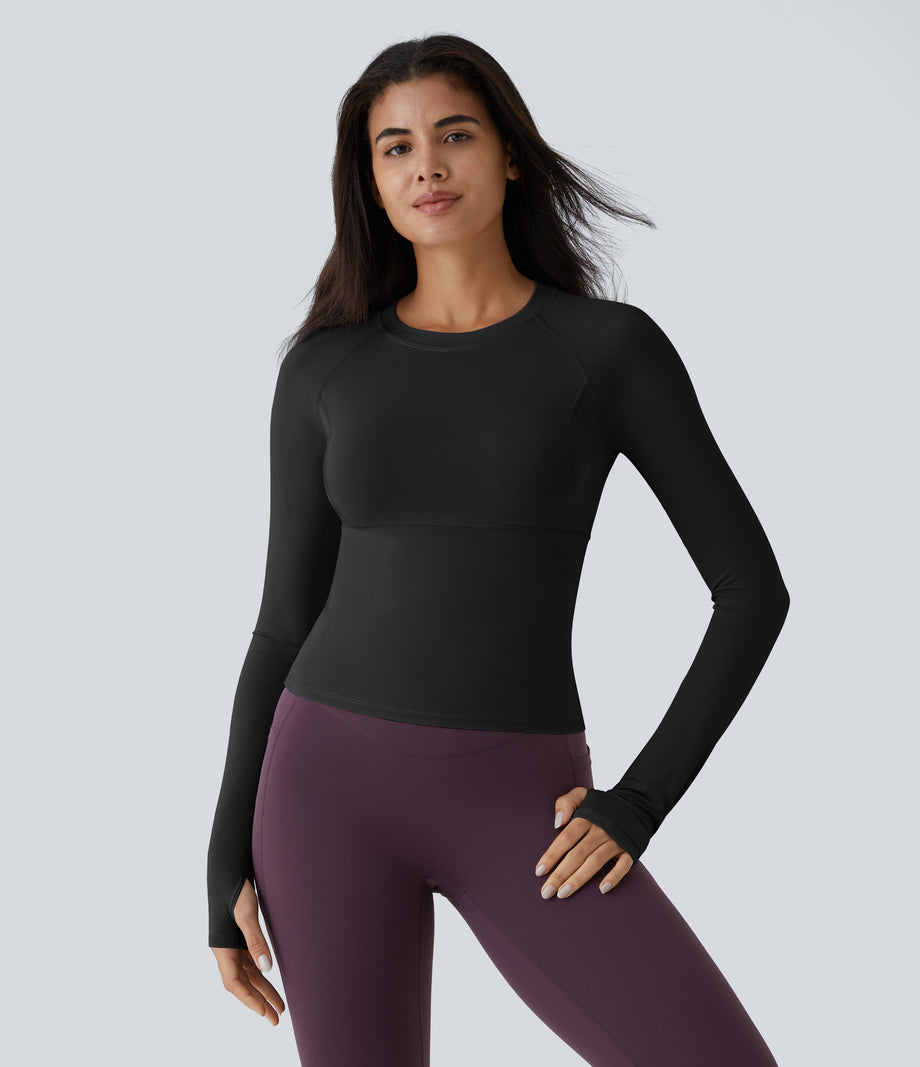 Solid Thumb Hole Yoga Sports Top - Black