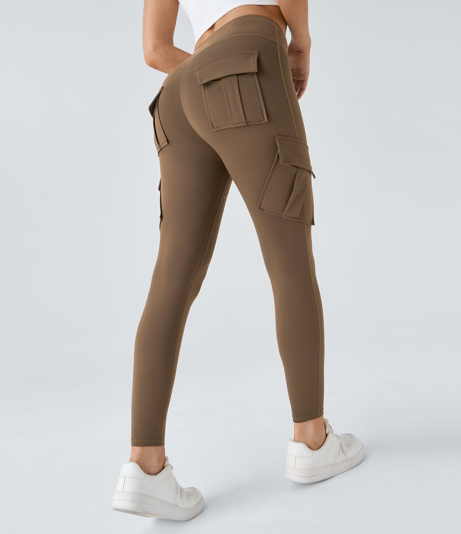 DayStretch High Waisted Cargo Pocket Skinny Yoga Leggings - Sepia