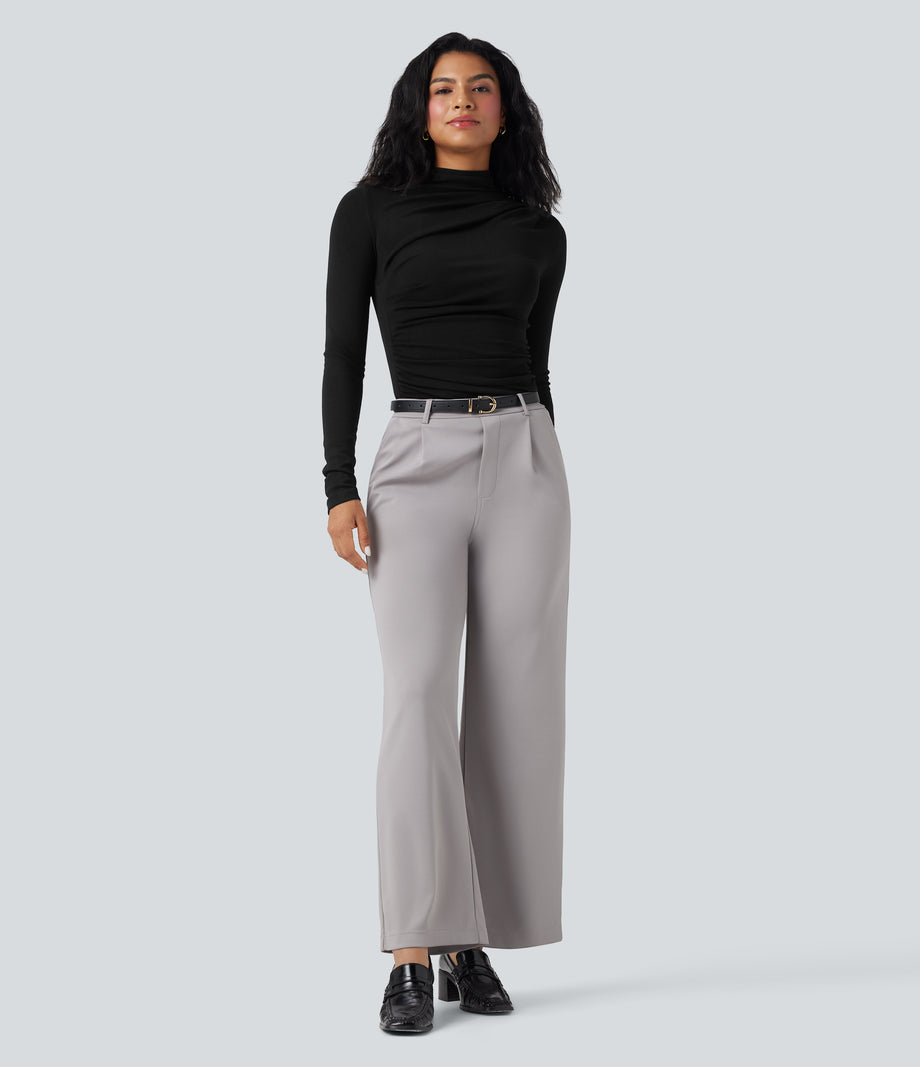 Mock-neck Long Sleeve Ruched Asymmetric Hem Thermal Casual Top - Black