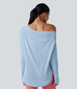 One Shoulder Long Sleeve Thumb Hole Curved Hem High Low Quick Dry Yoga Sports Top-Built-in Bra - Angel Falls