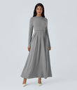 Mock-neck Long Sleeve Pocket Flare Maxi Casual Dress - Ultimate Gray